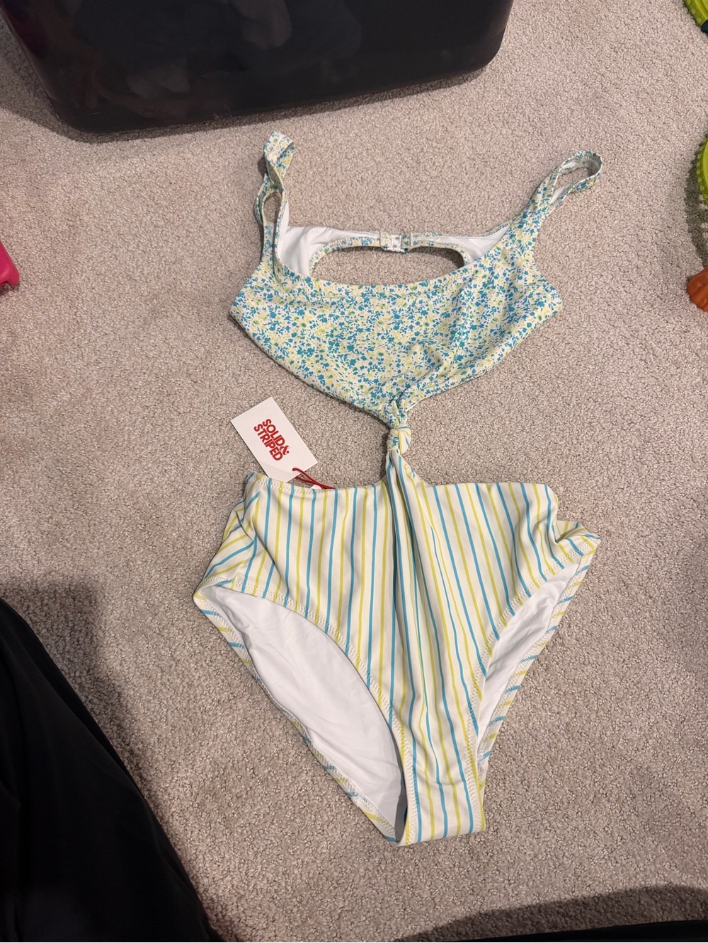 SOLID & STRIPED Girls Yellow and Blue Floral-Striped Cutout One-Piece Swimsuit